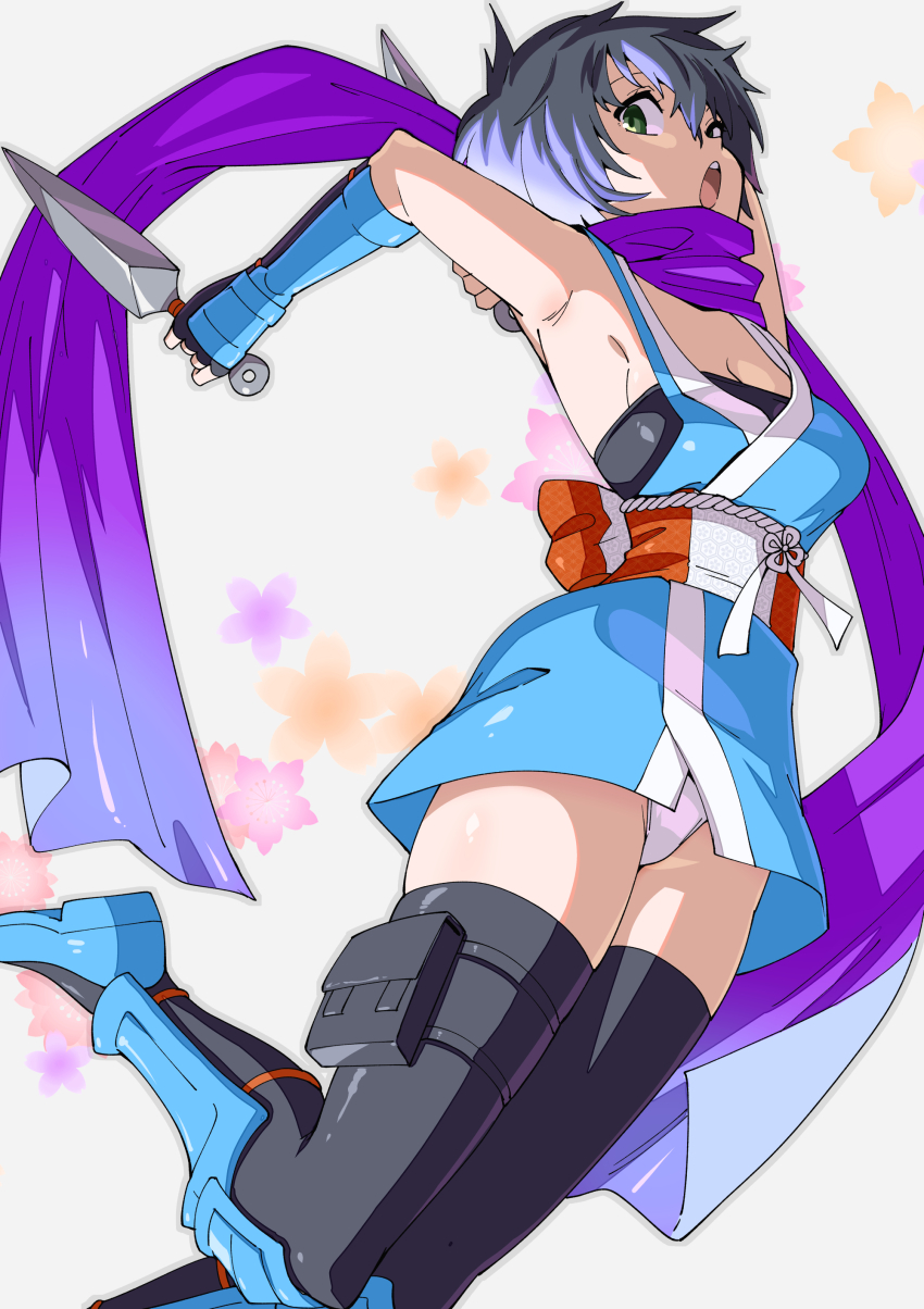 1girl, absurdres, azami_(saga), black_hair, black_thighhighs, breasts, cleavage, fingerless_gloves