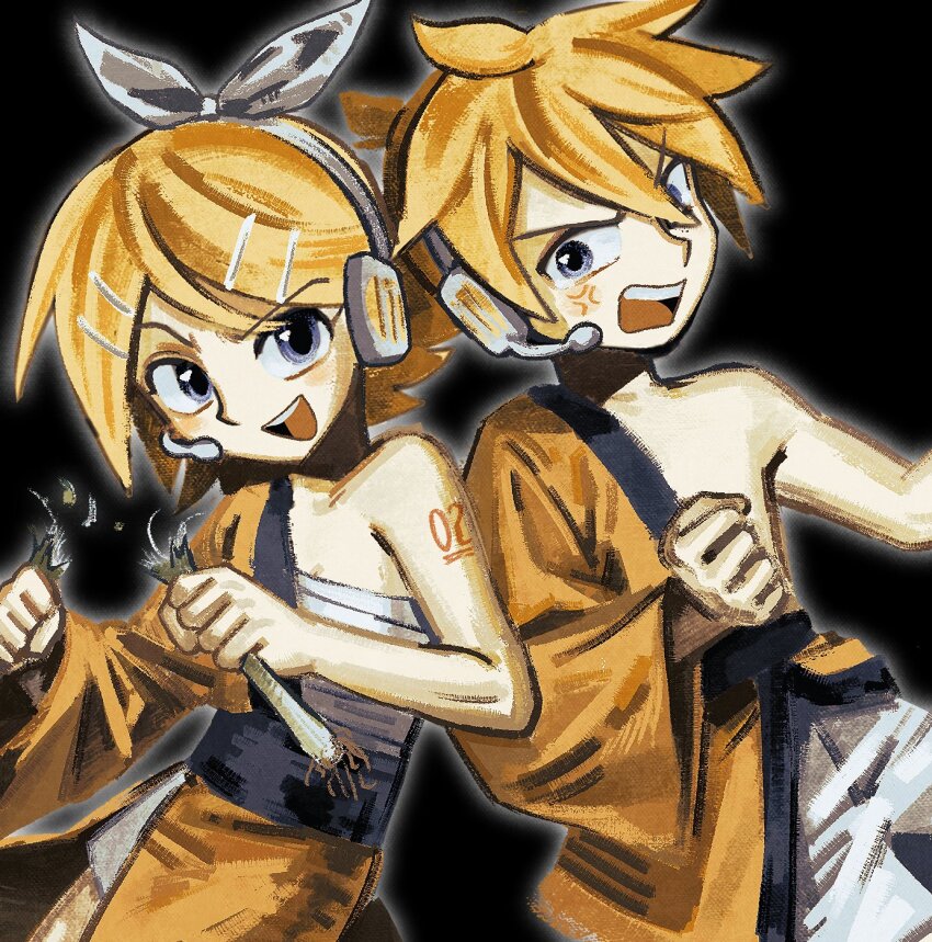 >:), anger_vein, asymmetrical_clothes, blonde_hair, blue_eyes, bow, breaking, breasts