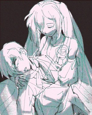 1boy, 1girl, aqua_theme, bare_shoulders, closed_eyes, clothing_cutout, collarbone, constricted_pupils