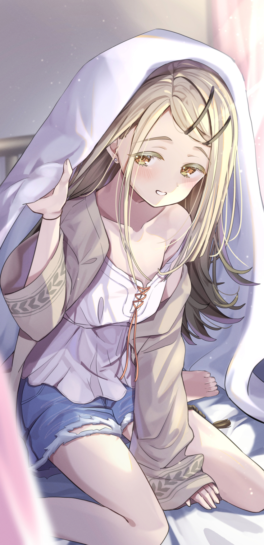 1girl, absurdres, bare_legs, barefoot, blonde_hair, blush, camisole, collarbone