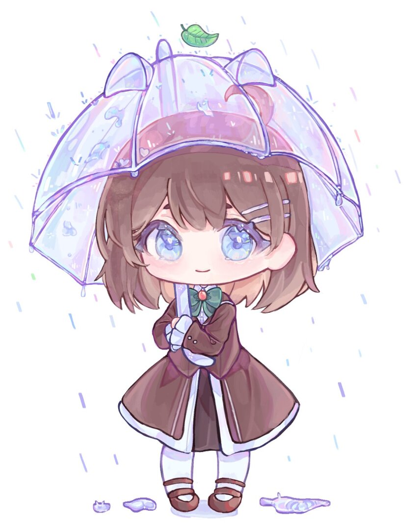 1girl, ahoge, blue_eyes, bow, bowtie, brown_coat, brown_hair, brown_shoes