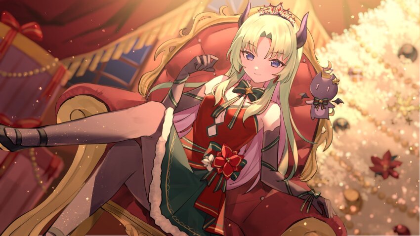 1girl, airi_viridis, black_horns, black_shoes, blue_eyes, bow, bowtie, box