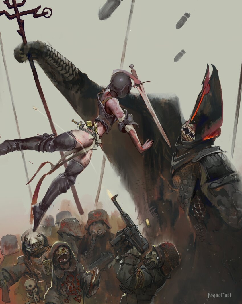 1girl, 6+boys, absurdres, aiming, armor, artist_name, black_boots, black_jacket