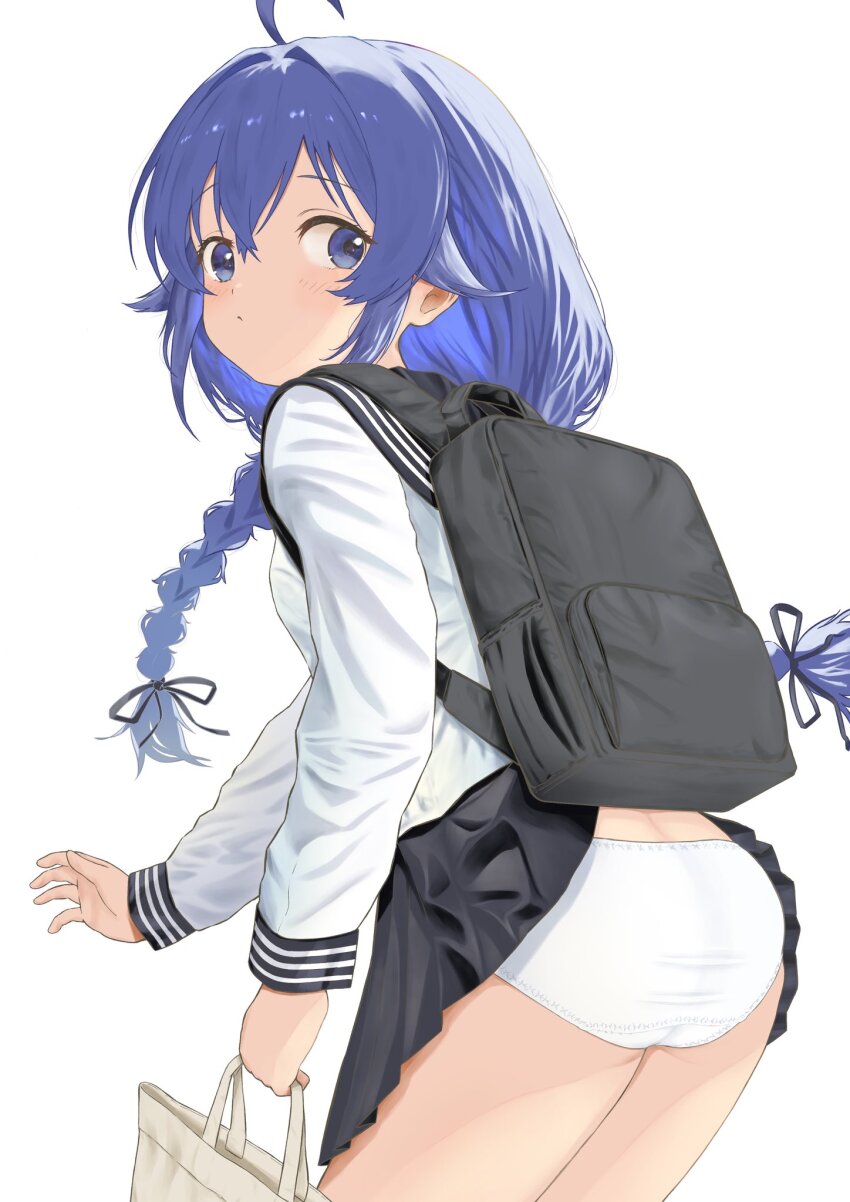 1girl, accidental_exposure, ahoge, alternate_costume, ass, backpack, bag, black_ribbon, black_sailor_collar, black_skirt, blue_eyes, blue_hair, braid, closed_mouth, clothes_lift, crossed_bangs, dot_nose, from_behind, hair_ribbon, highres, holding_handbag, loli, long_braid, long_hair, long_sleeves, looking_at_viewer, looking_back, mushoku_tensei, panties, pantyshot, pleated_skirt, ribbon, rora_(user_vgpk4444), roxy_migurdia, sailor_collar, shirt, simple_background, skirt, skirt_caught_on_object, skirt_lift, solo, standing, thighs, twin_braids, underwear, very_long_hair, white_background, white_panties, white_shirt
