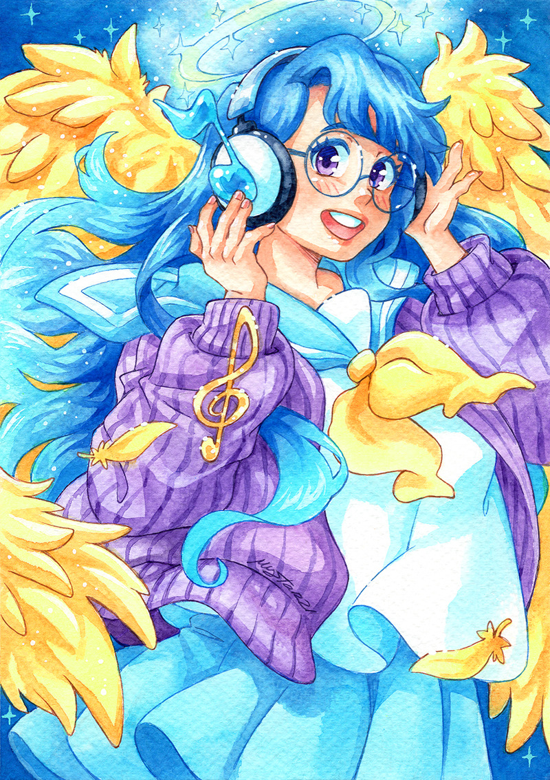 1girl, artist_name, blue_hair, blush, cardigan, commentary, english_commentary, feathered_wings