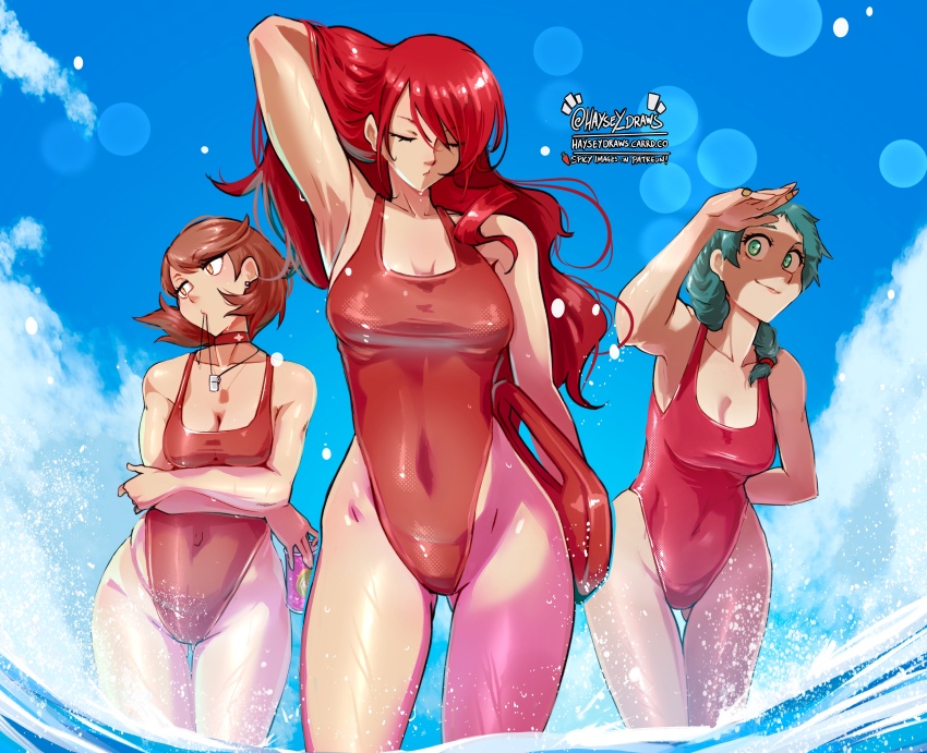 3girls, absurdres, adjusting_hair, aqua_eyes, aqua_hair, arm_behind_back, baywatch, breasts