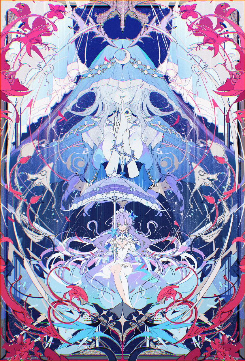 1girl, absurdres, blue_eyes, blue_flower, blue_hair, blue_veil, breasts, cantarella_(wuthering_waves)