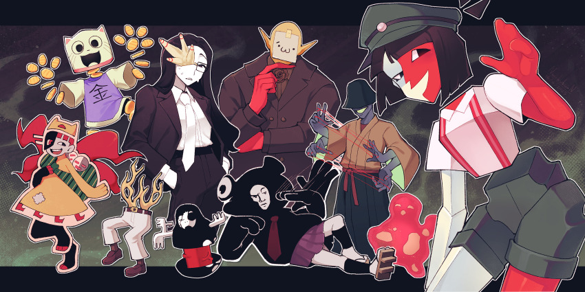 3boys, 3girls, 6+others, :3, amoeba_guy_(ena), black_eyes, blunt_bangs, blunt_ends, bob_cut, cat, coin, colored_skin, coral, coral_glasses, dratula_(ena), ena:_dream_bbq, ena_(dream_bbq), ena_(series), ena_(species), froggy_(ena), glasses, hat, highres, hourglass_dog, jinx_(ena), kane_(ena), long_hair, multicolored_skin, multiple_boys, multiple_girls, multiple_others, nnickykunn, open_mouth, pointy_ears, red_skin, salesperson_ena, shirt, short_sleeves, smile, split-color_skin, sweat, the_suspicious_man_(ena), two-tone_skin, vampire, walking_pants, white_shirt