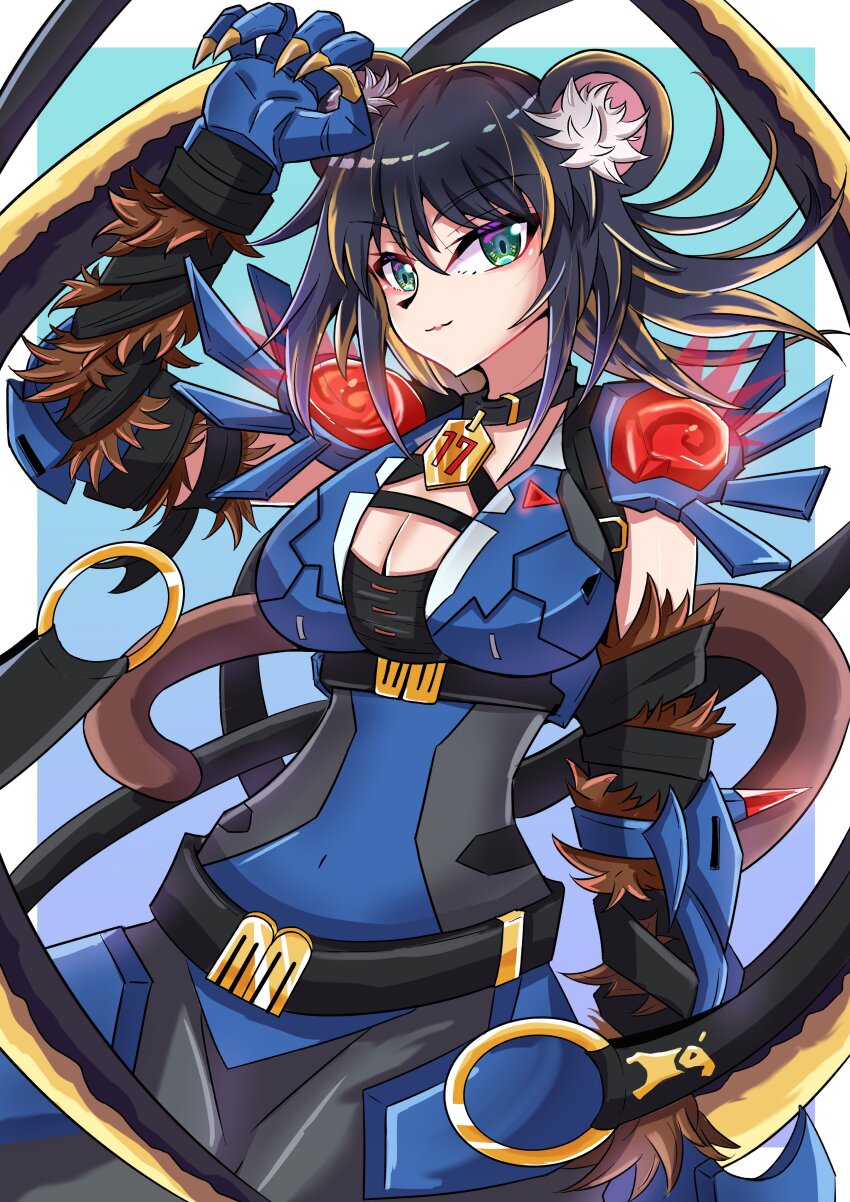 1girl, absurdres, animal_ear_fluff, animal_ears, arm_blade, arm_up, bakuma, breasts