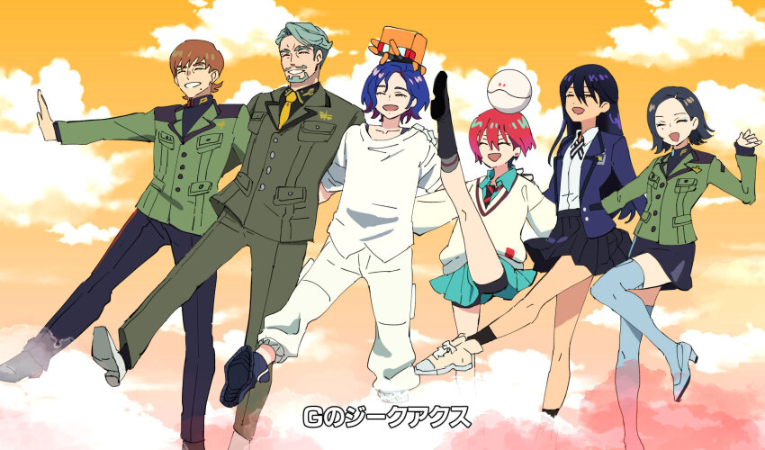 3boys, 3girls, amate_yuzuriha, beard, black_hair, blue_hair, boots, brown_hair