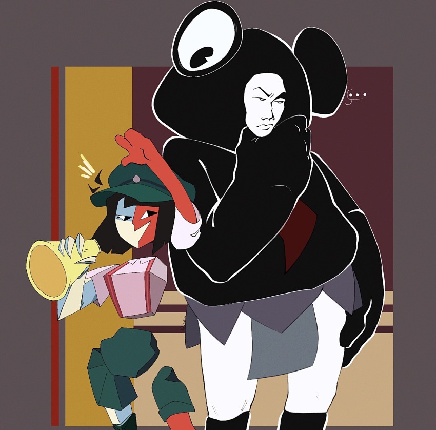 1girl, black_eyes, black_hair, blunt_bangs, blunt_ends, bob_cut, colored_skin, commentary