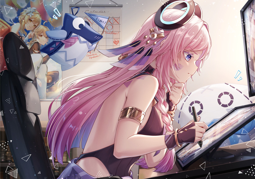 1girl, absurdres, aether_(genshin_impact), armlet, backless_leotard, bare_shoulders, black_gloves, black_leotard