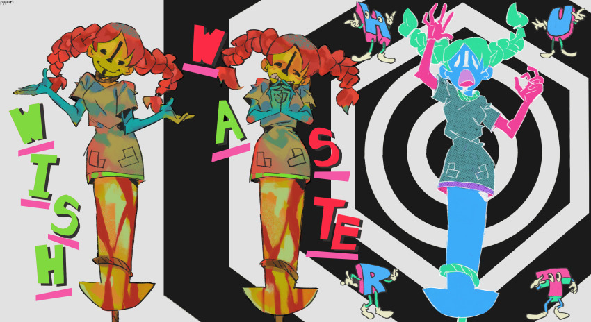 1girl, absurdres, black_eyes, blood, blue_skin, braid, colored_skin, dress, ena:_dream_bbq, ena_(series), english_text, foog_(ppppppuri), green_hair, highres, long_hair, mitu_(ena), monster_girl, noose, open_mouth, red_hair, rope, short_sleeves, simple_background, smile, teeth, twin_braids, yellow_skin