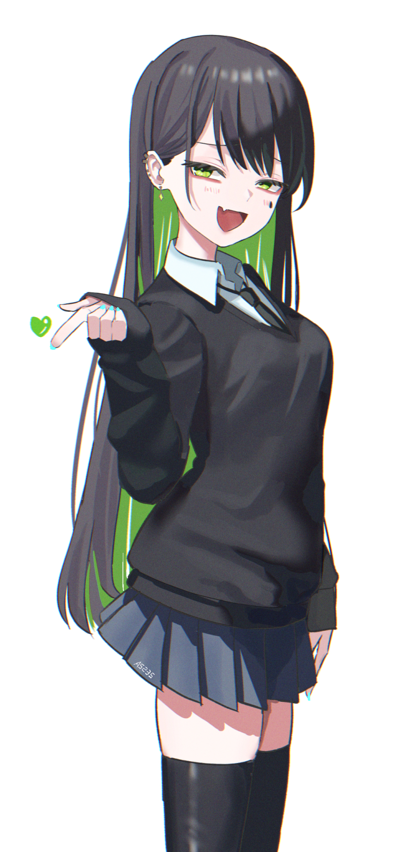 1girl, a5235, black_hair, collared_shirt, death_hammer_chouloky, facial_mark, fang, green_eyes
