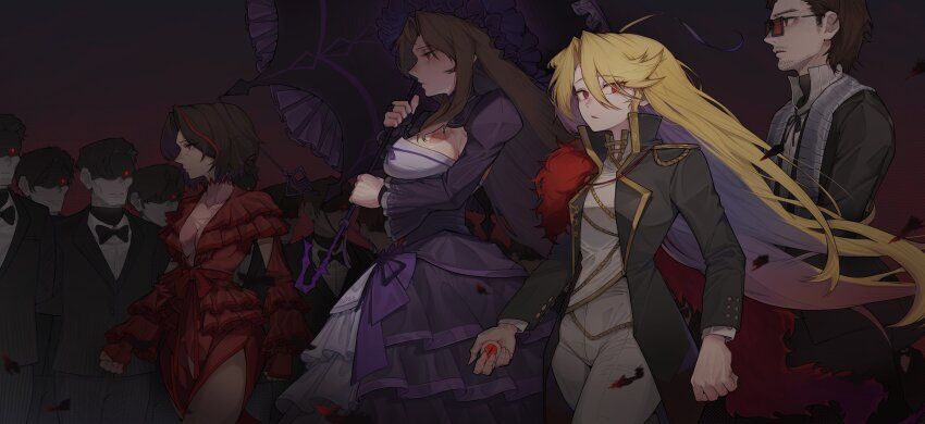 1boy, 3girls, absurdres, arched_bangs, black_bonnet, black_coat, black_corset, black_dress