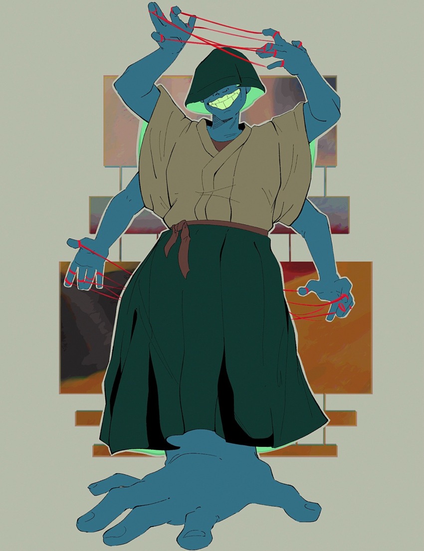 1boy, blue_skin, cat's_cradle, colored_skin, ena:_dream_bbq, ena_(series), extra_arms, hat, heckinrissa, highres, male_focus, monster_boy, smile, solo, teeth, the_suspicious_man_(ena)