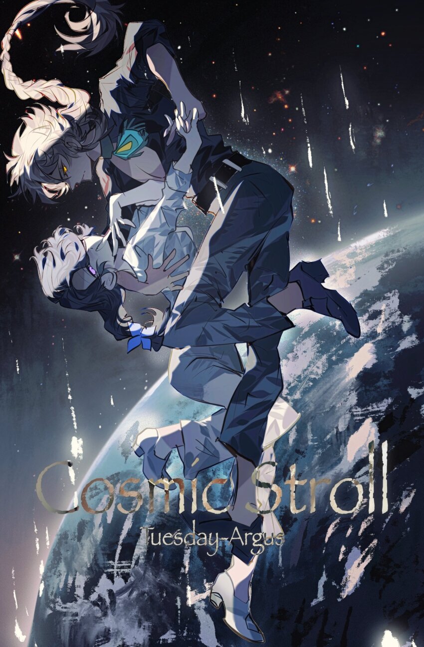 2girls, argus_(reverse:1999), arm_around_another's_back, black_shirt, blonde_hair, braid, breasts, brown_hair