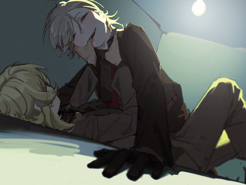 1boy, 1girl, black_gloves, black_pants, black_shirt, blazer, blonde_hair, collared_shirt, finger_in_another's_mouth, genshin_impact, gloves, grey_hair, hand_on_another's_neck, jacket, jwuopxx, lumine_(genshin_impact), lying, lyney_(genshin_impact), necktie, on_back, on_floor, pants, pinned, red_necktie, shirt, short_hair, smile, smirk, swept_bangs