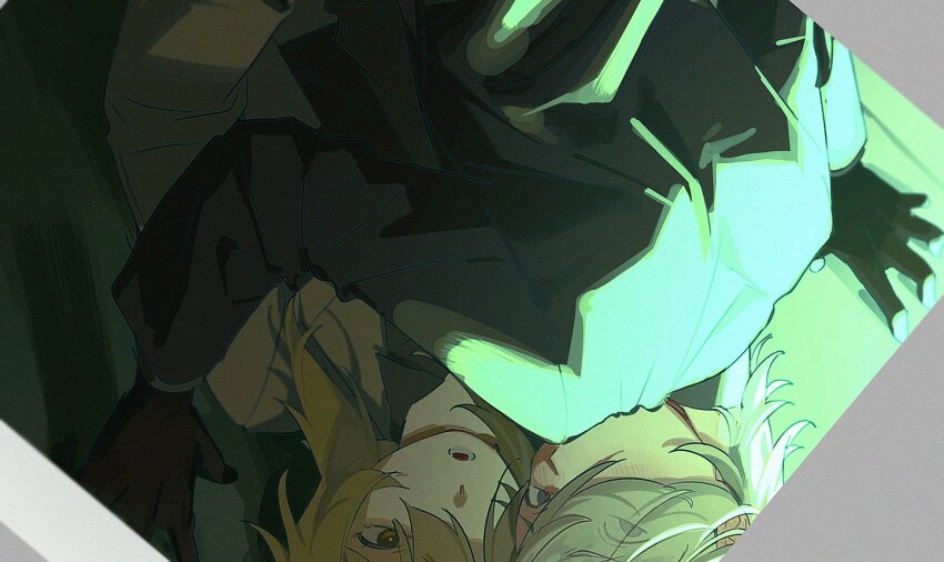 1boy, 1girl, alternate_costume, black_gloves, black_jacket, blazer, blonde_hair, blush