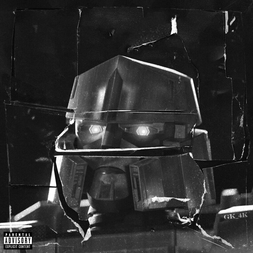 3d, album_cover, album_cover_redraw, artist_name, beauty_behind_the_madness, cover, derivative_work, fake_cover, frown, gk4k, glowing, glowing_eyes, greyscale, highres, looking_at_viewer, mecha, mecha_focus, megatron, megatron_(transformers_one), monochrome, no_humans, parental_advisory, portrait, robot, the_weeknd, transformers, transformers_one