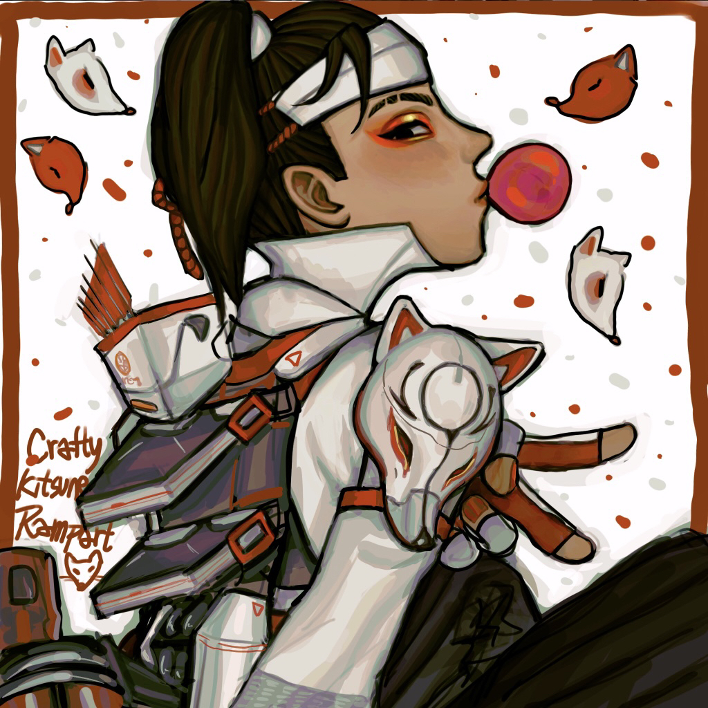 1girl, apex_legends, border, brown_hair, character_name, chewing_gum, chinese_commentary, crafty_kitsune_rampart