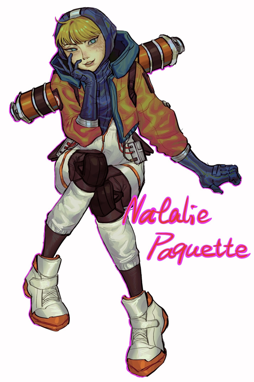 1girl, apex_legends, blonde_hair, blue_bodysuit, blue_eyes, blue_gloves, bodysuit, character_name, chinese_commentary, facial_scar, gloves, hand_on_own_cheek, hand_on_own_face, highres, hood, hood_up, looking_at_viewer, min_tian_zai_hua, parted_lips, ribbed_bodysuit, scar, scar_on_cheek, scar_on_face, shoes, simple_background, sitting, smile, sneakers, solo, wattson_(apex_legends), white_background, white_bodysuit, white_shoes