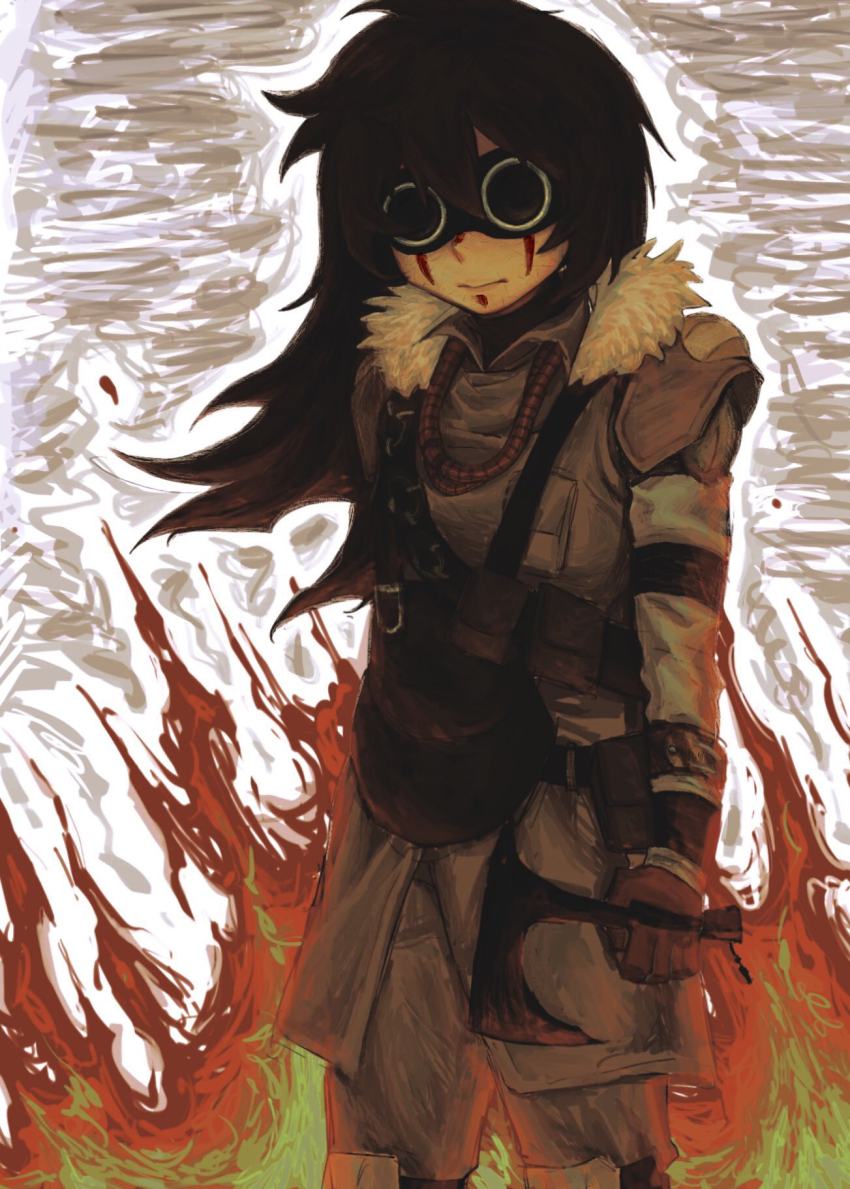 1other, aged_down, androgynous, apex_legends, axe, bloodhound_(apex_legends), brown_hair, brown_jacket