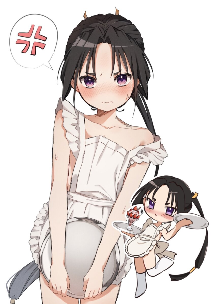 1boy, anger_vein, apron, black_hair, blush, closed_mouth, collarbone, commentary_request