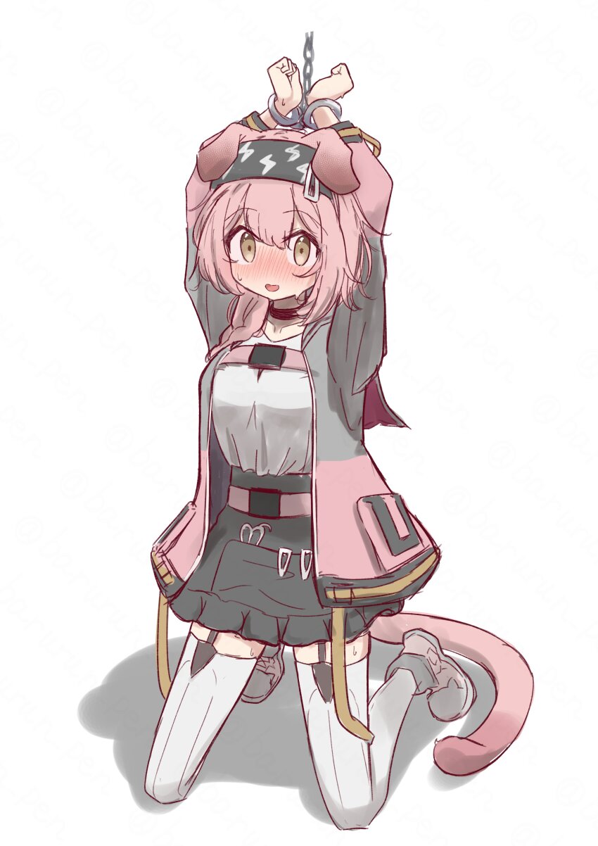 1girl, absurdres, animal_ears, arknights, barurun_pen, black_skirt, blush, bound