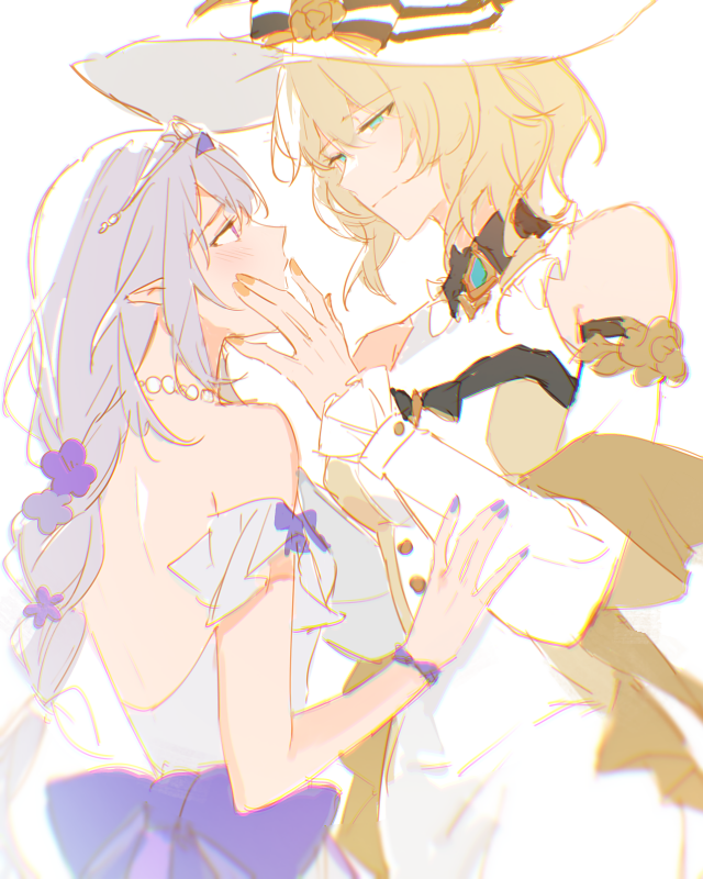 2girls, aglaea_(honkai:_star_rail), aglaea_(mom's_touch)_(honkai:_star_rail), bare_shoulders, blonde_hair, blush, castorice_(honkai:_star_rail), clothing_cutout