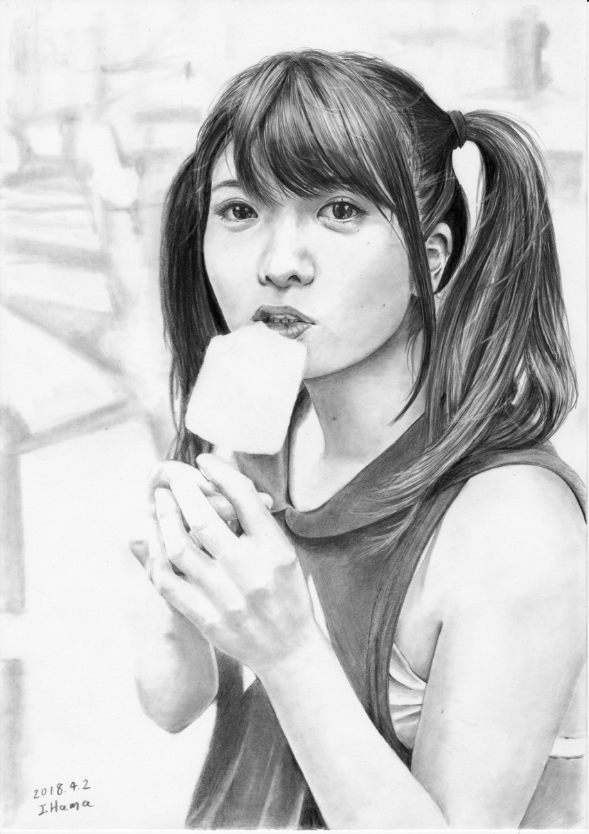 1girl, artist_name, bags_under_eyes, band-maid, dated, food, graphite_(medium), hama_(user_udhg5388)