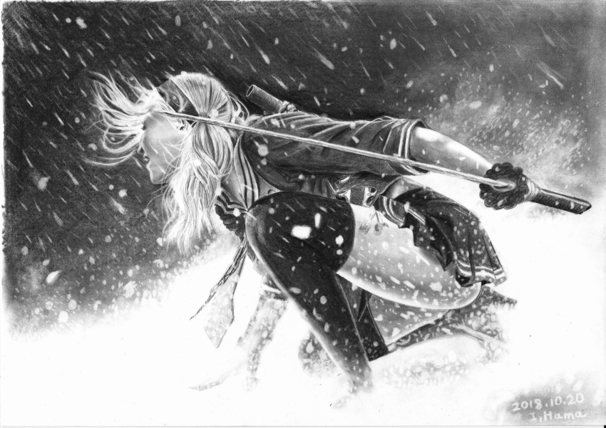 1girl, baby_doll_(sucker_punch), faux_traditional_media, greyscale, hama_(user_udhg5388), highres, holding, holding_sword, holding_weapon, long_hair, monochrome, outdoors, pleated_skirt, school_uniform, serafuku, skirt, snow, solo, squatting, sucker_punch, sword, thighhighs, weapon