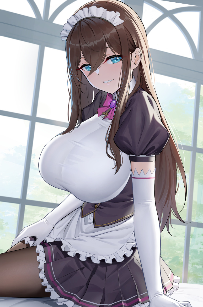 1girl, absurdres, anastasia_mysterante, apron, bed_sheet, black_dress, black_pantyhose, black_skirt, blue_eyes, bow, bowtie, breasts, brooch, brown_hair, collar_jewel, commission, commissioner_upload, day, dress, elbow_gloves, femme_de_menage_maid_academy_uniform, frilled_apron, frilled_skirt, frills, gem, gloves, hair_between_eyes, hand_on_bed, hand_on_own_thigh, highres, huge_breasts, indoors, jewelry, light_blush, long_hair, long_sidelocks, looking_at_viewer, looking_back, maid, maid_apron, maid_headdress, motto!_haramase!_(series), motto!_haramase!_honoo_no_oppai_isekai_oppai_maid_gakuen!, non-web_source, on_bed, open_mouth, pantyhose, pink_bow, pink_bowtie, pleated_skirt, puffy_short_sleeves, puffy_sleeves, purple_gem, school_uniform, shirt, short_sleeves, sidelocks, single_bang, sion_(9117), sitting, skeb_commission, skirt, smile, solo, teeth, waist_apron, white_apron, white_gloves, white_shirt, window