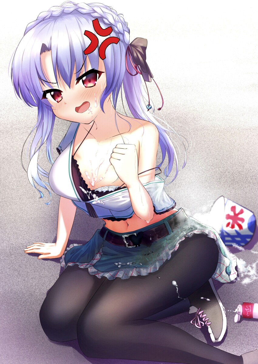 1girl, absurdres, anger_vein, angry, arm_support, belt, black_belt, black_bow