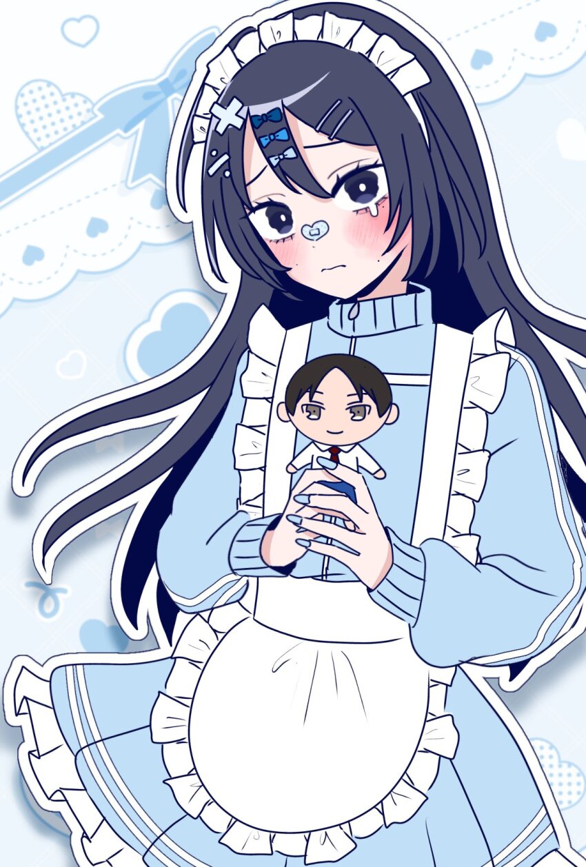 1girl, apron, bandaid, bandaid_on_face, bandaid_on_nose, black_eyes, black_hair, blue_bow, blue_jacket, blue_nails, blue_skirt, blue_theme, blush, bow, bright_pupils, brown_eyes, character_doll, closed_mouth, commentary, cowboy_shot, division_sign, doll, frilled_apron, frilled_skirt, frills, furrowed_brow, futsuu_no_keion-bu, hair_bow, hair_ornament, hairpin, heart, heart-shaped_bandaid, highres, holding, holding_doll, iiyatusuki, jacket, jersey_maid, kameya_san, kida_taishi, long_hair, long_sleeves, looking_at_viewer, maid, maid_apron, maid_headdress, mole, mole_on_cheek, mole_under_eye, necktie, outline, shirt, single_tear, skirt, solo, tears, track_jacket, unconventional_maid, wavy_eyes, white_outline, white_pupils, white_shirt, x_hair_ornament