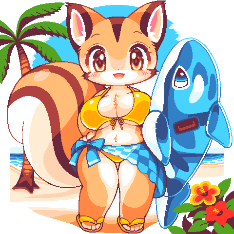 1girl, :d, animal_ears, beach, bikini, breasts, brown_eyes, brown_fur