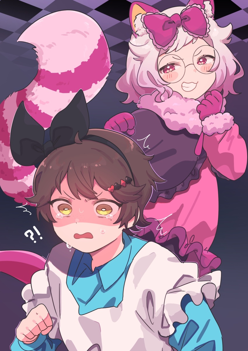 2girls, :3, alice_(alice_in_wonderland), alice_(alice_in_wonderland)_(cosplay), alice's_adventures_in_wonderland, animal_ears, apron, black_bow