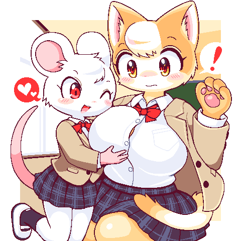 !, 2girls, :3, animal_ears, animal_hands, blue_skirt, blush, breasts