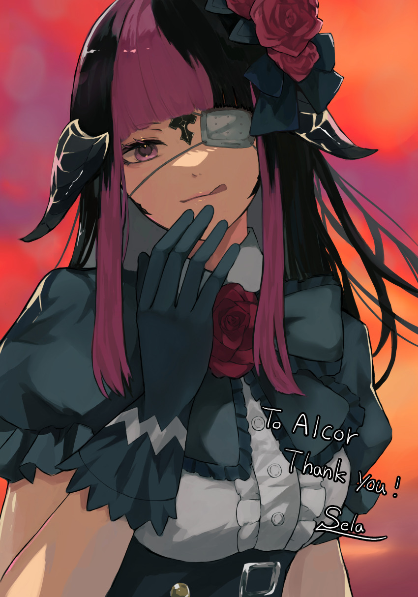 1girl, absurdres, au_ra, black_dress, black_gloves, black_hair, black_horns, black_scales, commission, commissioner_insert, commissioner_name, commissioner_upload, cosplay, date_a_live, dragon_girl, dragon_horns, dress, eyepatch, final_fantasy, final_fantasy_xiv, flower, gloves, gothic_lolita, hair_flower, hair_ornament, highres, horns, licking_lips, lolita_fashion, long_hair, medical_eyepatch, multicolored_hair, pink_eyes, pink_hair, red_flower, red_rose, rose, scales, selala_hades, shizuna_kurogane, skeb_commission, sunset, thank_you, tokisaki_kurumi, tokisaki_kurumi_(cosplay), tongue, tongue_out, warrior_of_light_(ff14)