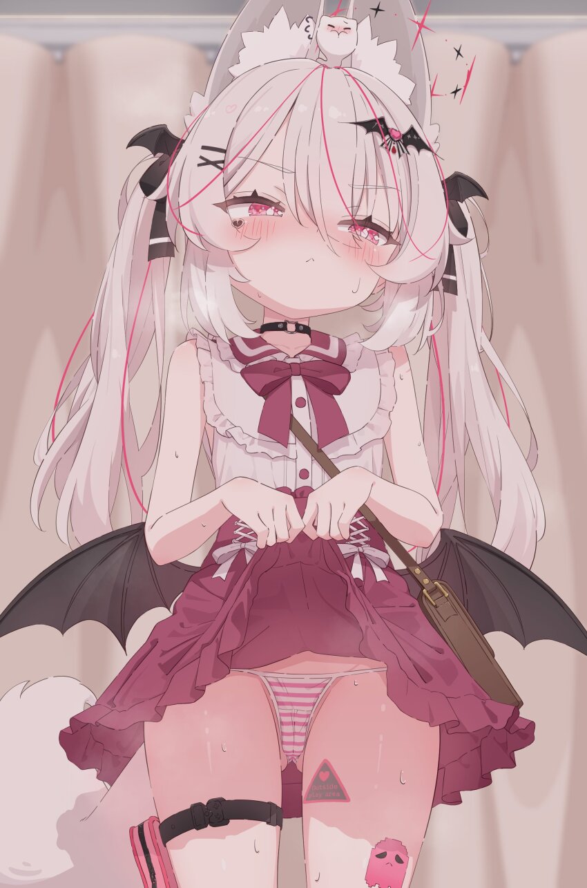 1girl, :<, absurdres, animal, animal_ear_fluff, animal_ears, animal_on_head, averting_eyes, bag, bare_shoulders, bat_hair_ornament, bat_wings, black_choker, black_wings, blush, bow, bow_panties, bowtie, bright_pupils, cameltoe, choker, closed_mouth, clothes_lift, cowboy_shot, crossed_bangs, demon_wings, double-parted_bangs, flat_chest, fox_ears, fox_girl, fox_tail, frilled_shirt, frilled_skirt, frills, gluteal_fold, grey_hair, hair_between_eyes, hair_ornament, hairclip, half-closed_eyes, heart, heart-shaped_pupils, highres, karin_(vrchat), lifting_own_clothes, loli, long_hair, looking_to_the_side, low_wings, mashirokuro, miniskirt, multicolored_hair, nose_blush, o-ring, on_head, panties, pink_eyes, pink_hair, pink_panties, red_bow, red_bowtie, red_eyes, red_skirt, ribbon, shirt, shoulder_bag, sidelocks, skirt, skirt_lift, sleeveless, sleeveless_shirt, solo, standing, streaked_hair, striped_clothes, striped_panties, sweat, symbol-shaped_pupils, tail, tattoo, thigh_strap, twintails, underwear, vrchat, white_hair, white_pupils, white_shirt, wings, wqooon