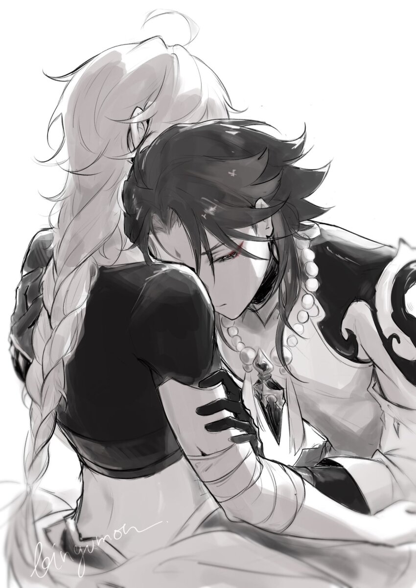 2boys, aether_(genshin_impact), ahoge, artist_name, back, bandaged_arm, bandages, braid