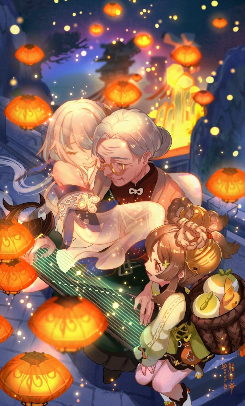 3girls, :d, architecture, artist_name, backpack_basket, bag, basket, bell