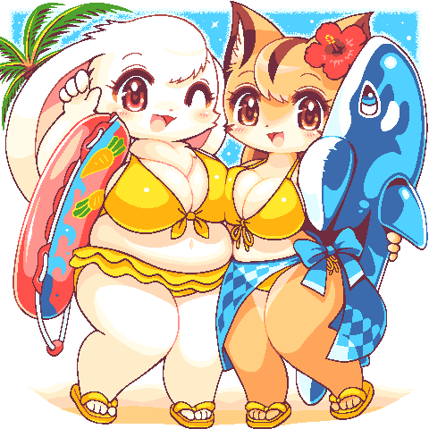 2girls, animal_ears, bikini, blue_sarong, blush, breast_press, breasts, brown_eyes