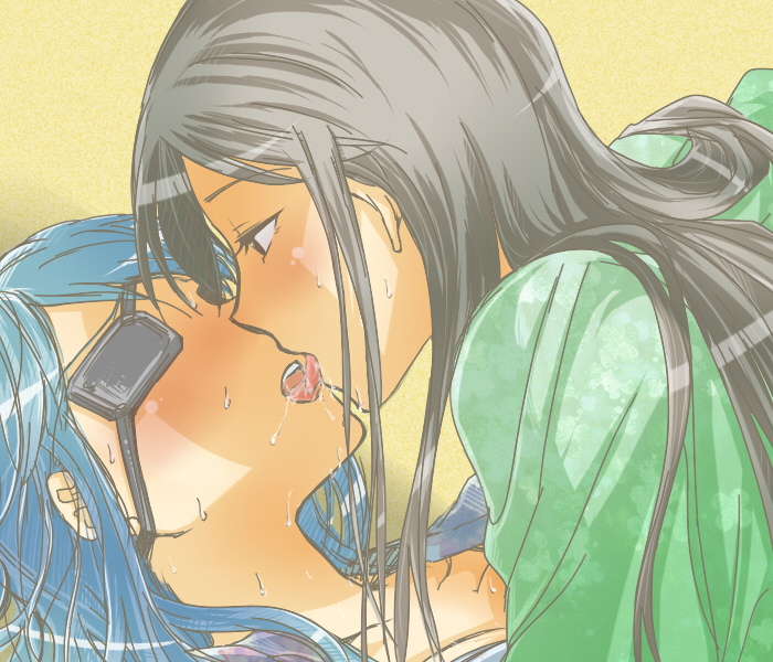 10s, 2girls, bad_id, bad_pixiv_id, black_hair, blue_hair, blush, d_no, date_masamune_(sengoku_otome), drooling, eye_contact, eyepatch, french_kiss, from_side, girl_on_top, imagawa_yoshimoto_(sengoku_otome), kiss, long_hair, looking_at_another, multiple_girls, open_mouth, profile, saliva, sengoku_otome, simple_background, sweat, tongue, tongue_out, yuri