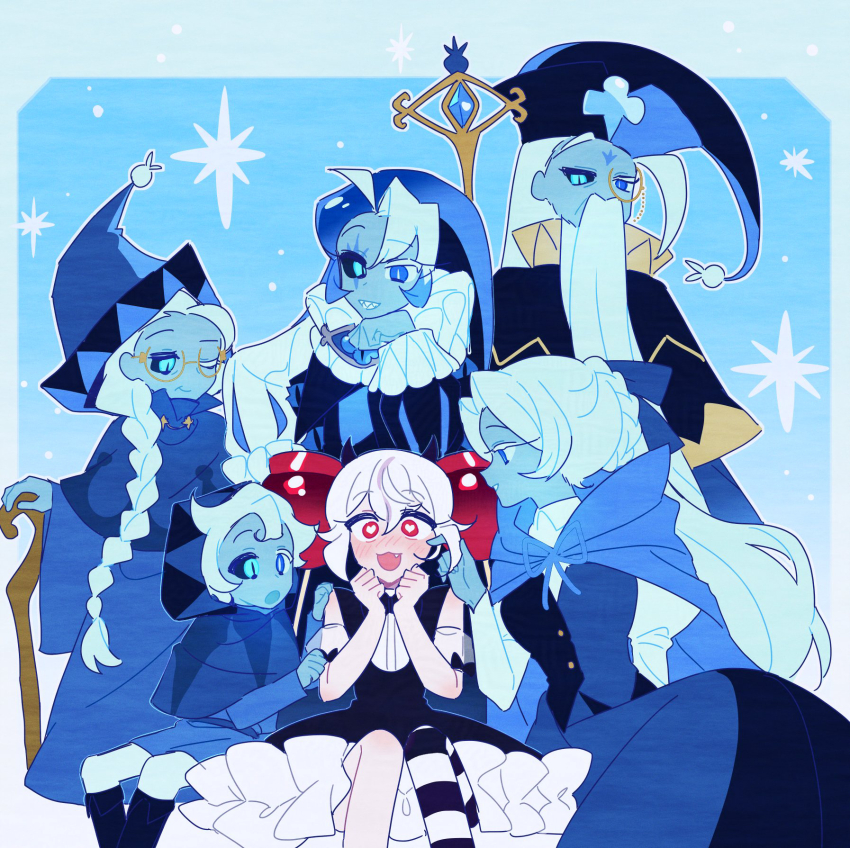 1boy, 1girl, aged_down, aged_up, alternate_costume, blue_eyes, blue_skin, bow, candy_apple_hair_ornament, colored_skin, cookie_run, cookie_run:_kingdom, crossdressing, disguise, highres, humanization, long_hair, long_sleeves, looking_at_viewer, male_focus, multiple_persona, neck_ruff, puffy_long_sleeves, puffy_sleeves, shadow_milk_cookie, lady_in_azure, shadow_milk_cookie_(sage_of_truth), smile, toichou_butterfly, white_hair