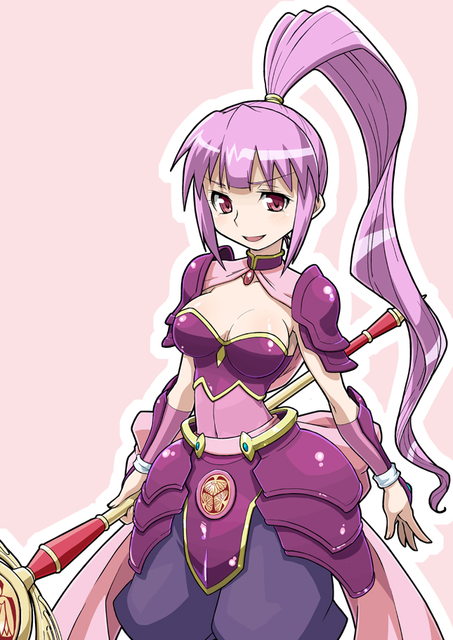 10s, 1girl, armor, breasts, cleavage, female_focus, haganemaru_kennosuke, long_hair, mitsuba_aoi_(tokugawa_mon), pink_hair, ponytail, sengoku_otome, simple_background, solo, staff, tokugawa_ieyasu_(sengoku_otome), very_long_hair