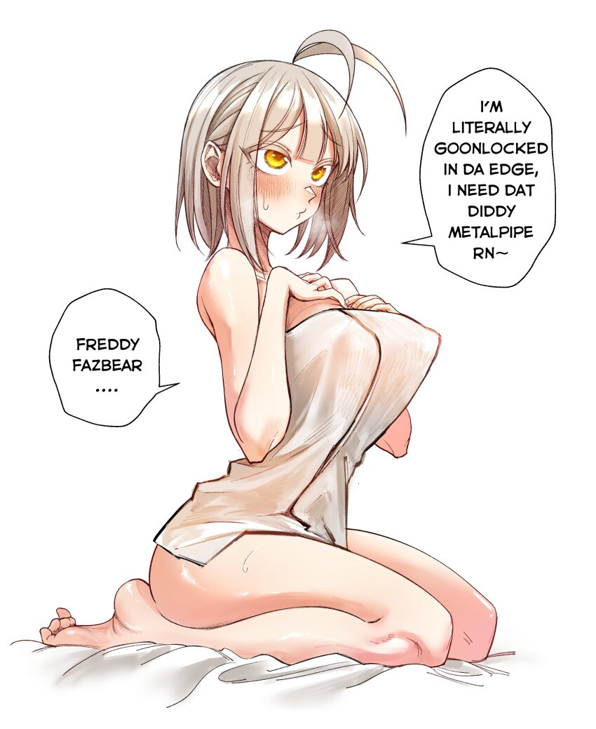 1girl, absurdres, blush, brainrot_girlfriend, breasts, brown_hair, covered_erect_nipples, english_text, full_body, highres, kneeling, large_breasts, luvvy_gronk, medium_hair, naked_towel, senukin, simple_background, solo, speech_bubble, towel, white_background, yellow_eyes