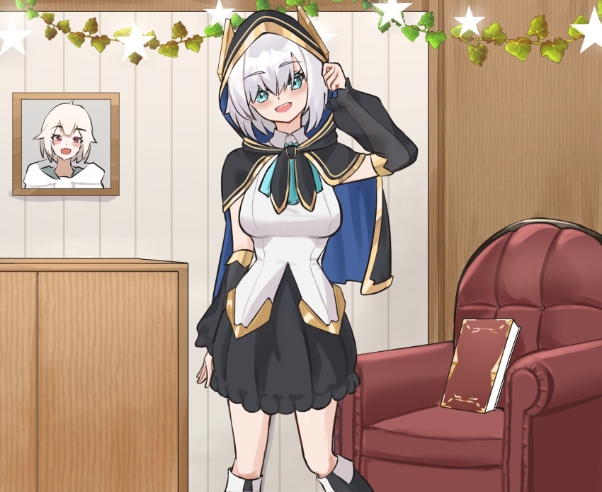 1girl, ars_almal, blue_eyes, book, boots, breasts, cape, commission