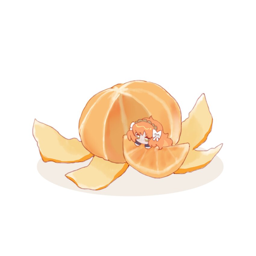 1girl, absurdres, bow, brown_hairband, chibi, commentary, food, fruit