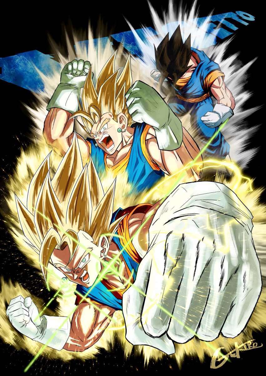1boy, absurdres, artist_name, aura, black_background, black_hair, blonde_hair, blue_pants, blue_shirt, boots, character_name, dougi, dragon_ball, dragonball_z, gekiroo, gloves, green_eyes, highres, medium_hair, multiple_views, orange_sash, orange_shirt, pants, shirt, simple_background, spiked_hair, transformation, vegetto, white_boots, white_gloves